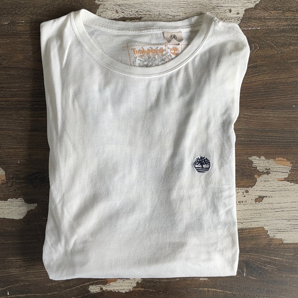 Timberland Men’s Medium White Long Sleeve Shirt With Blue Timberland Logo